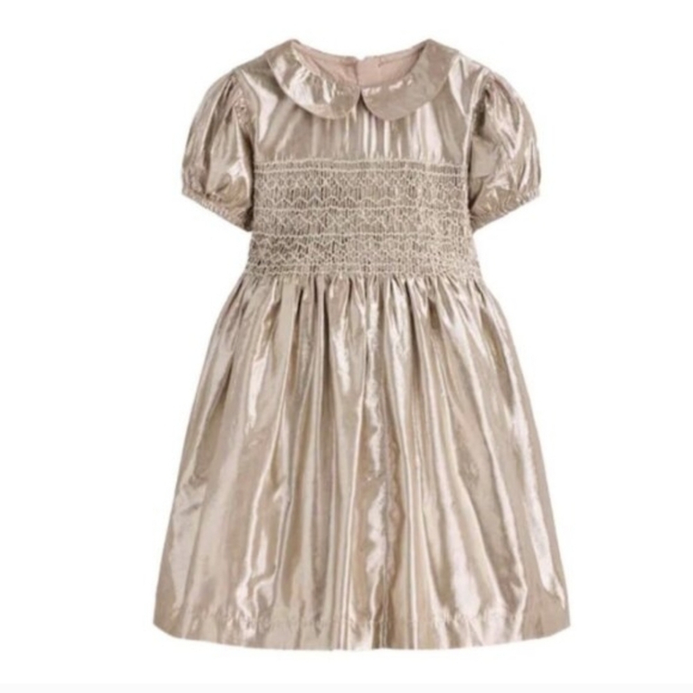Mini Boden Gold Metallic Smocked Party Dress Girls Size 8-9Y Classic
